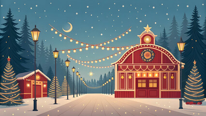 Fototapeta premium Charming Snowy Village Scene with Decorated Christmas Trees and Festive Lights at Dusk town winter Full HD 4K Video Download 2025 2026