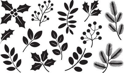 Christmas vector plants, holly berries, Christmas tree, mistletoe, pine, berries, branches with leaves, holiday decoration, winter symbols isolated on a white background. Black silhouettes