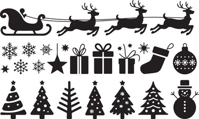 Christmas vector set of black color icons on isolated background. Christmas icons of trees, deer, stars, gifts, and so on for your design. Vector illustration