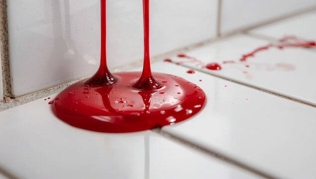 Flowing red liquid forming glossy puddle on bathroom tiled corner, with white glazed ceramic tiles - Powered by Adobe