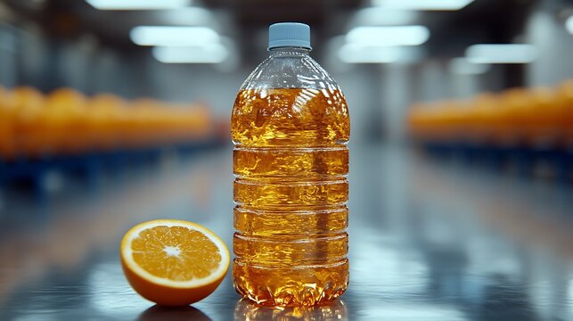 Bottle of juice and orange slice.