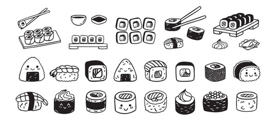 Sushi funny doodle set. Japanese hand drawn Food Sketch Icons. Kawaii drawing