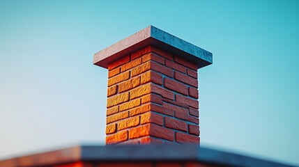 Brick chimney on roof against blue sky.