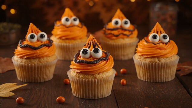 Showcasing cluster of Halloween cupcakes on dark table, sporting orange frosting and candy eyeballs