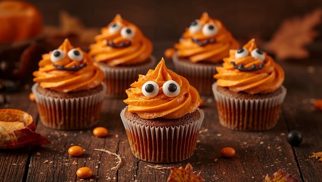 Chocolate cupcake sitting on rustic table, with orange frosting candy eyeballs and fall leaves