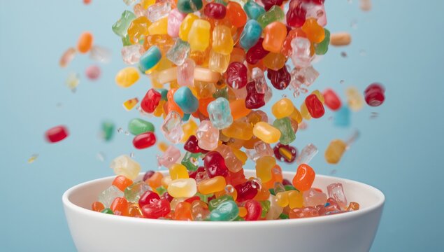Filling white ceramic bowl with tumbling translucent colorful jelly beans on pastel blue backdrop