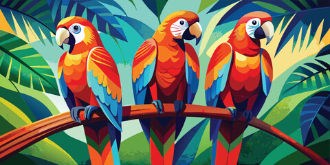 Vector art of three colorful macaws perched on a branch in a vibrant jungle setting