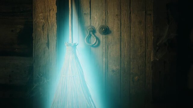 Descending pale blue beam illuminating straw broom against door, casting glow on knocker and cobweb - Powered by Adobe
