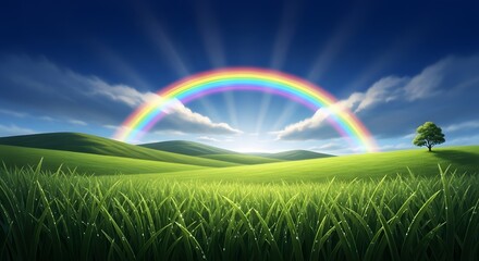 Naklejka premium Vibrant rainbow arching over lush green rolling hills at sunrise. Concept of natural beauty, hope, and environmental wellness. Scenic landscape with a single tree and dewy grass under a clear blue sky