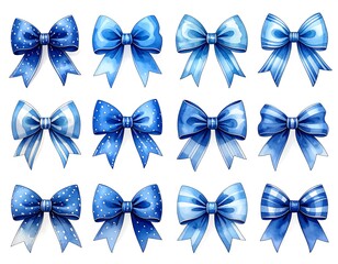 Twelve watercolor bows in various shades of blue, arranged in a grid. Each bow presents a different style with unique patterns