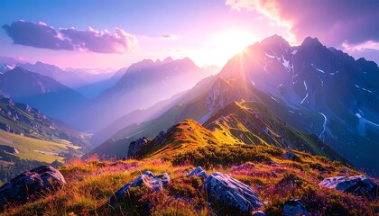 Majestic Mountain Sunrise - A Vibrant Landscape of Peaks and Light.