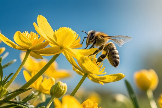 Close up of a honeybee collecting nectar from a vibrant yellow buttercup flower with a soft blue sky background on a sunny day highlighting pollination and nature s beauty - Powered by Adobe