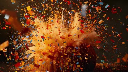 Erupting orange pumpkin after rod puncturing on studio table, releasing confetti and dust and seeds - Powered by Adobe