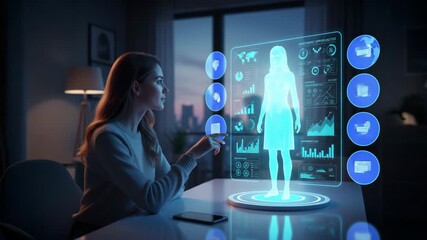 Female Doctor Using Futuristic Holographic Medical Interface for Digital Health Analysis, AI-Powered Human Body Visualization and Smart Healthcare Technology - Powered by Adobe