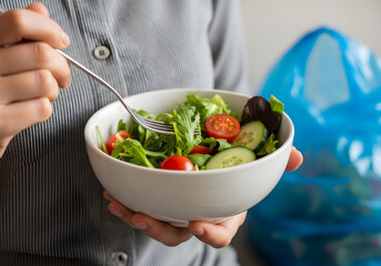 Hand holding fork over a bowl of fresh salad with a blue trash bag in the background, concept of food waste