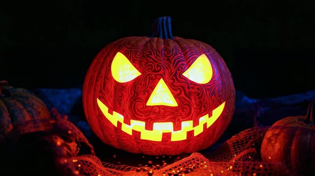 Pulsing internal light highlighting vine patterns on jack-o'-lantern on netting, shifting hue