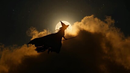 Emerging witch gliding across night sky in front of full moon, with broomstick and pointed hat - Powered by Adobe