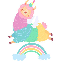 Cute Cartoon Llama Unicorn Hybrid with Wings and Rainbow Floating Gracefully with Closed Eyes against a White Background