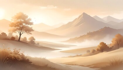 Misty, golden landscape with mountains