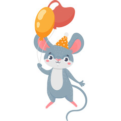 Cute Cartoon Mouse Wearing Party Hat Holding Orange and Heart Shaped Balloons With Transparent Background Celebrating Birthday And Party Festive Atmosphere