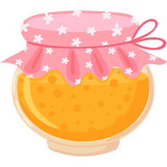 Cute Cartoon Honey Jar with Pink Fabric Lid Decorated with Flowers and Ribbon on Transparent Background