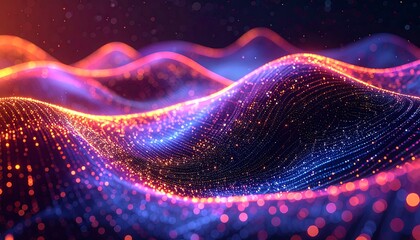 Abstract digital waves with sparkling particles in vibrant orange and blue hues