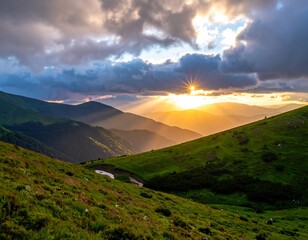 Majestic Mountain Sunset - A Breathtaking Landscape of Green Hills.