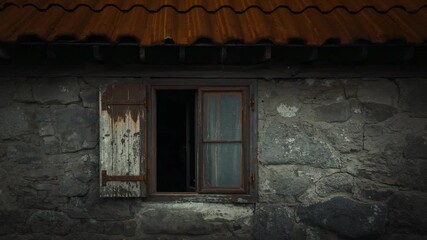 Shifting light casting shadows on rural stone cottage wall with wooden window shutters, rusty roof - Powered by Adobe