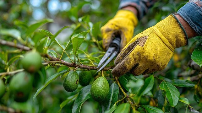 A person is cutting avocados from a tree