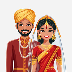 Smiling Indian wedding couple in traditional attire, bride wearing red saree and groom in elegant suit, vector illustration representing love, marriage, happiness, and cultural celebration.