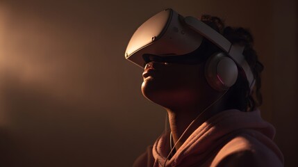 Person experiences immersion in virtual reality headset with headphones.