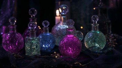 Shifting camera right to center round green bottle on dark cloth, candlelight dancing across glass - Powered by Adobe