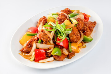 Crispy fried chicken, sweet and sour on white background