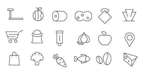 Grocery line Icon set. Supermarket, Bakery, Milk, Vegetable, Fruit,  Dairy, Cheese, Rice, Coffee, Seafood, Fish, Chicken and Cart outline icon collection. UI thin outline icons.