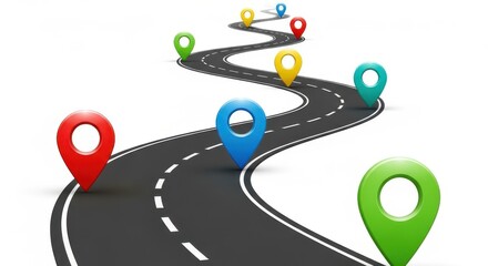 Winding road with colorful location pins on white background map pin location marker