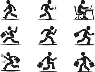 Collection of stick figure business people in various running and walking poses