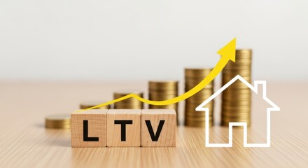 Wooden blocks spelling LTV with rising coins and house outline loan to value mortgage