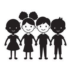 Diverse group of happy children holding hands symbolizing unity and friendship silhouette vector illustration