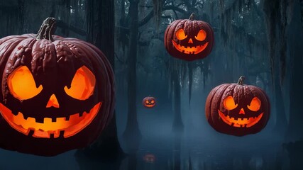 Drifting camera at scene opening revealing glowing pumpkins over misty swamp with cypress moss - Powered by Adobe