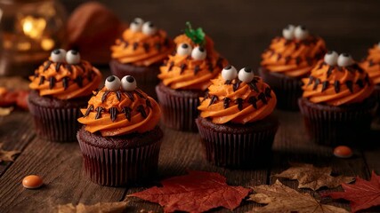 Panning camera across tabletop highlighting chocolate cupcakes with frosting swirls, candy eyeballs - Powered by Adobe