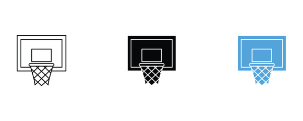Basketball hoop icon set vector on white background. sport, game, team, player, court, net, basket, backboard, rim, ball, dunk, shoot, score, symbol.
