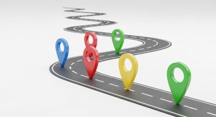 Colorful map pins mark a winding road on a white background location marker route