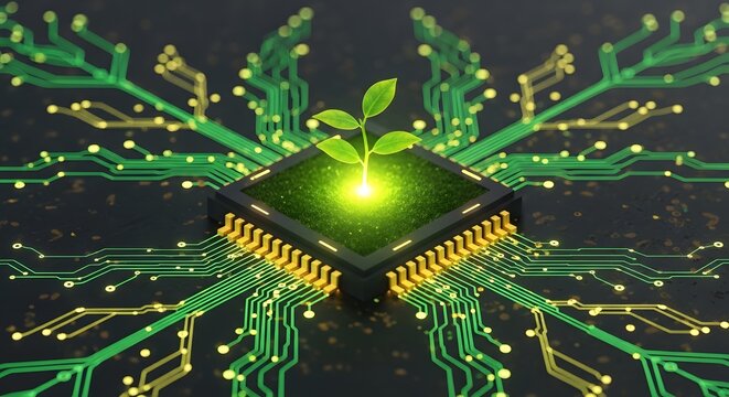 Plant sprout growing from a microprocessor on a green circuit board. Concept of sustainable technology, eco-friendly computing, and biotech innovation. Glowing seedling representing green energy 