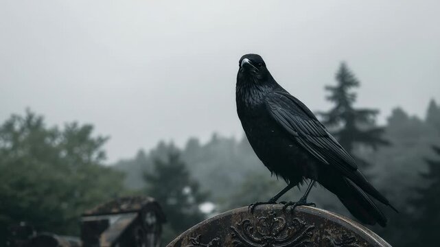 Sensing mist, black crow shifting weight on ornate stone monument, scanning misty woodland beyond