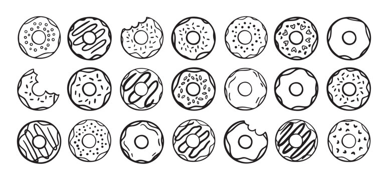 Doodle donuts set. hand drawn outline donut icons. Collection of cute doughnuts. Donut Doodles Sketch of cute donuts.