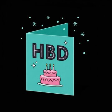 A turquoise birthday card features the letters hbd and a two tiered cake with candles