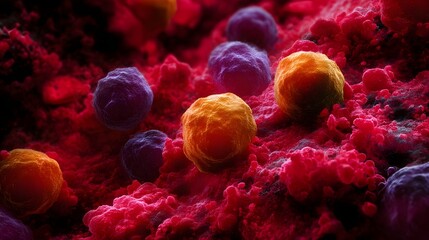 Microscopic view of vivid colorful spherical cells on a richly textured red background