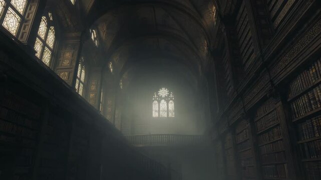 After static shot, camera tilting upward in Gothic library, revealing stained glass window
