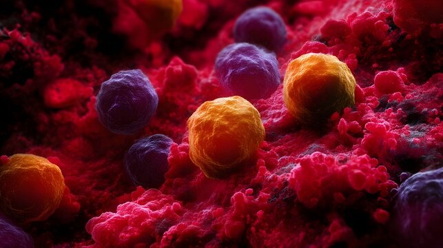 Microscopic view of vivid colorful spherical cells on a richly textured red background - Powered by Adobe