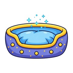 Cartoon illustration of a blue and purple pet bed with yellow trim and sparkles